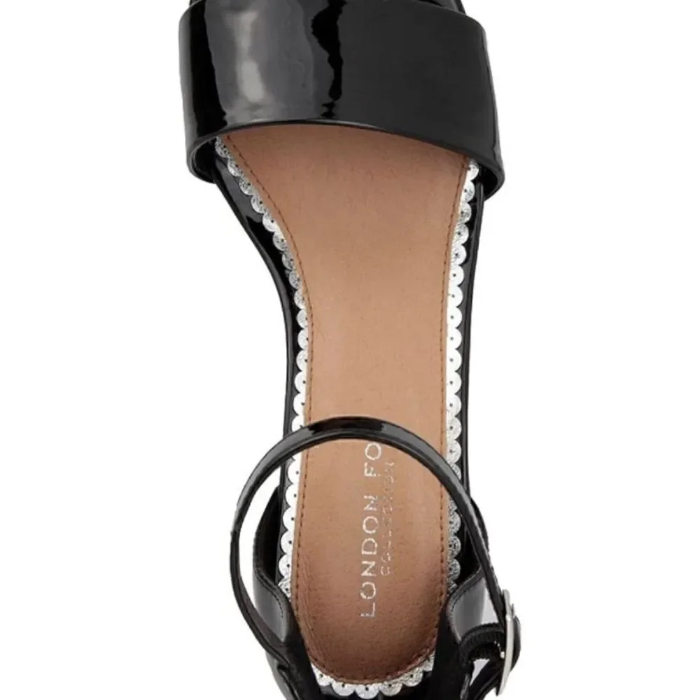 LONDON FOG Nikki Low Block Heel Shoe Ankle Strap Open Toe Shiny Pump Sandal